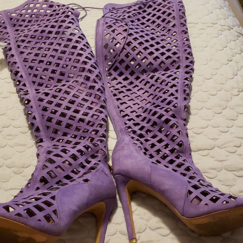 Purple microsuede thigh high caged sandal